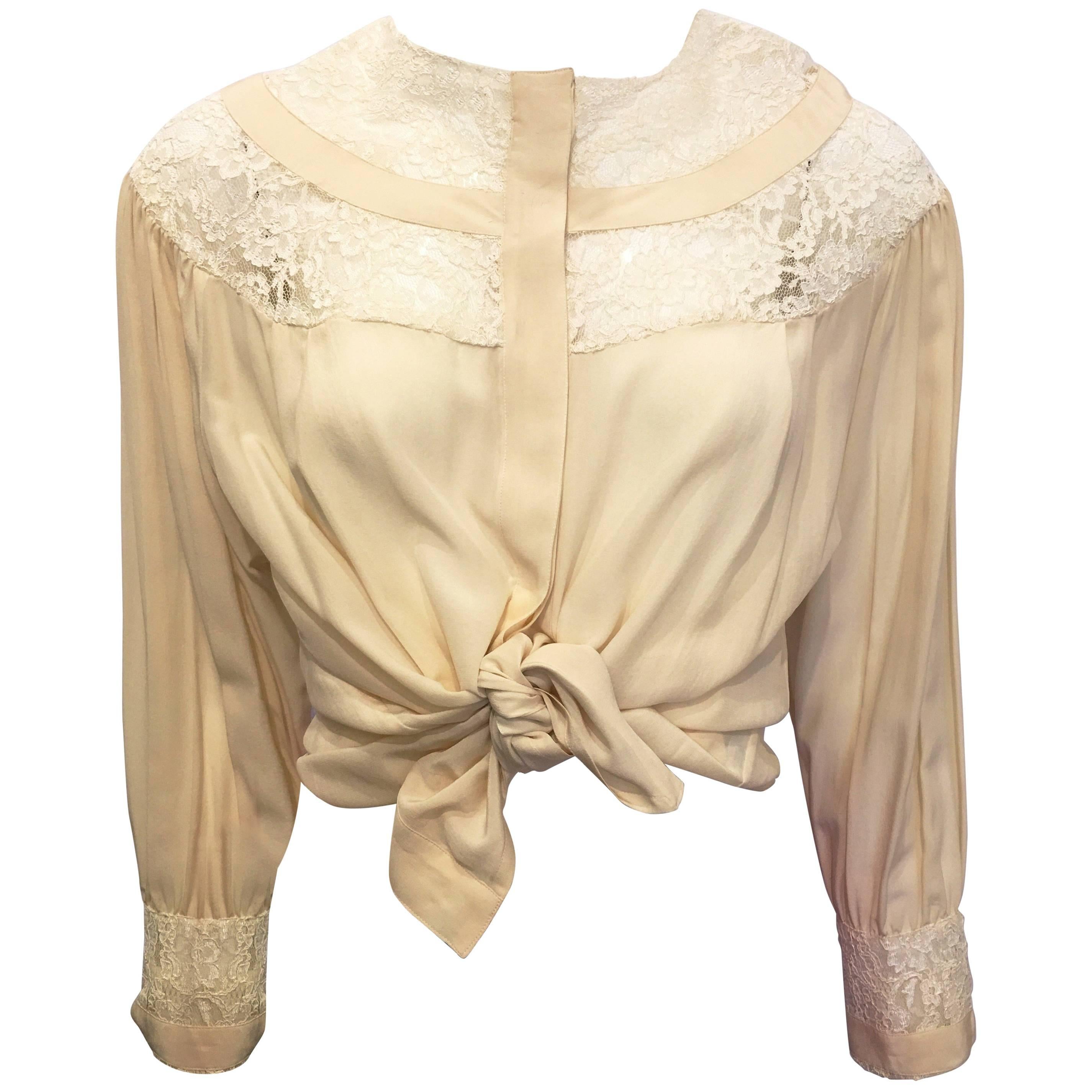 1990s Oleg Cassini Cream Silk Blouse with Lace For Sale