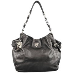 PRADA Black Leather Silver Logo Belt Pocket Hobo Shoulder Handbag