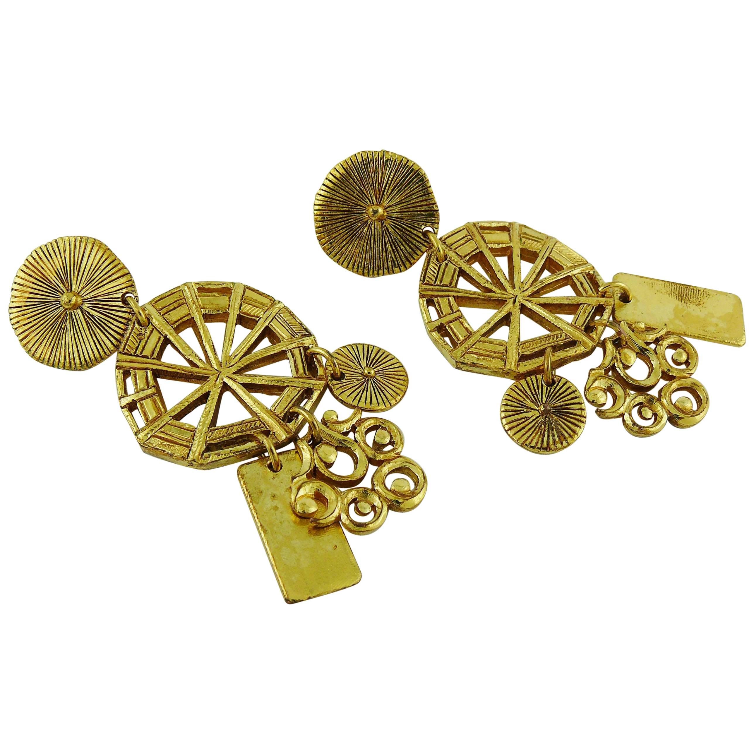 Christian Lacroix Vintage Gold Toned Wheel Dangling Earrings 