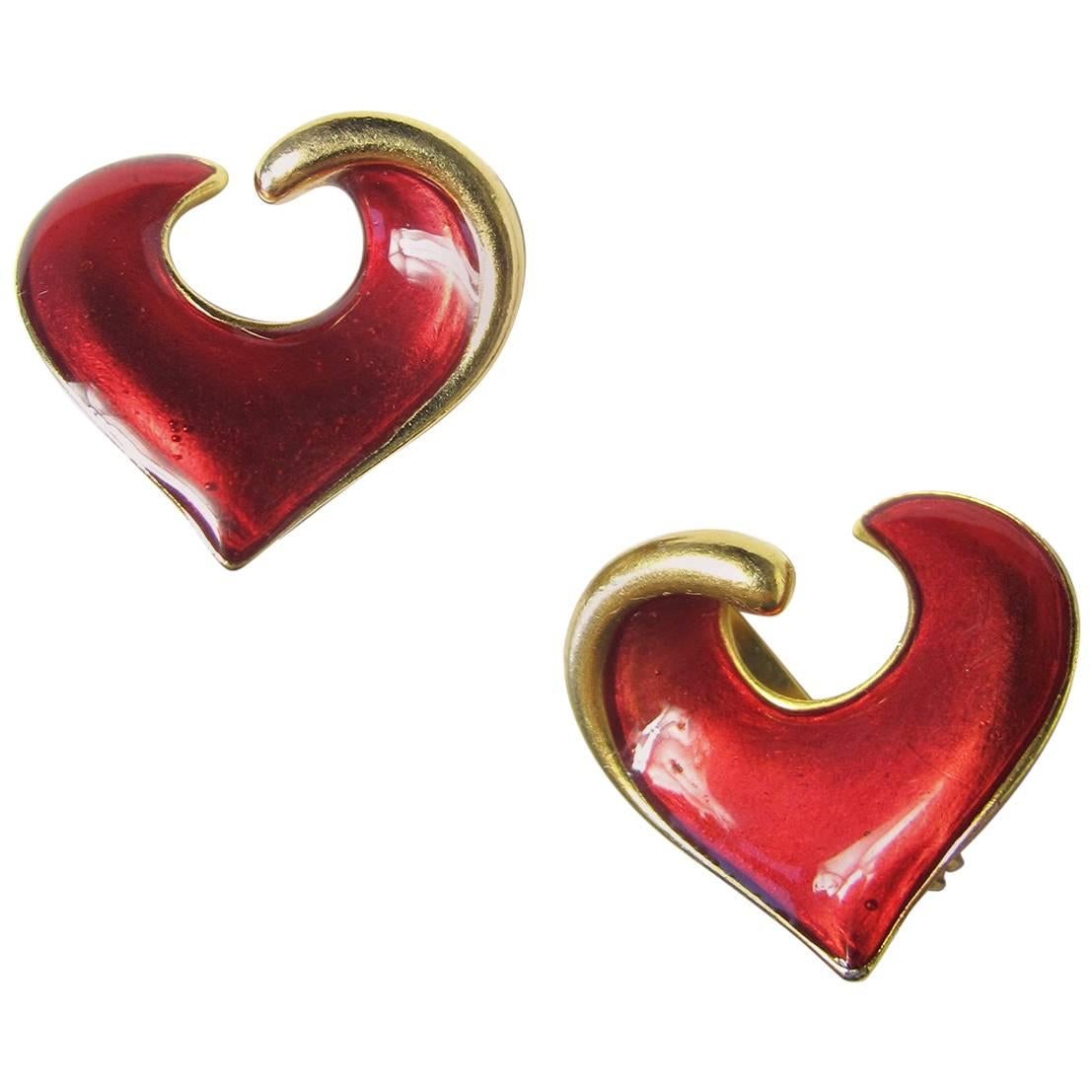 Yves Saint Laurent Enamel Heart Earrings, 1980s 
