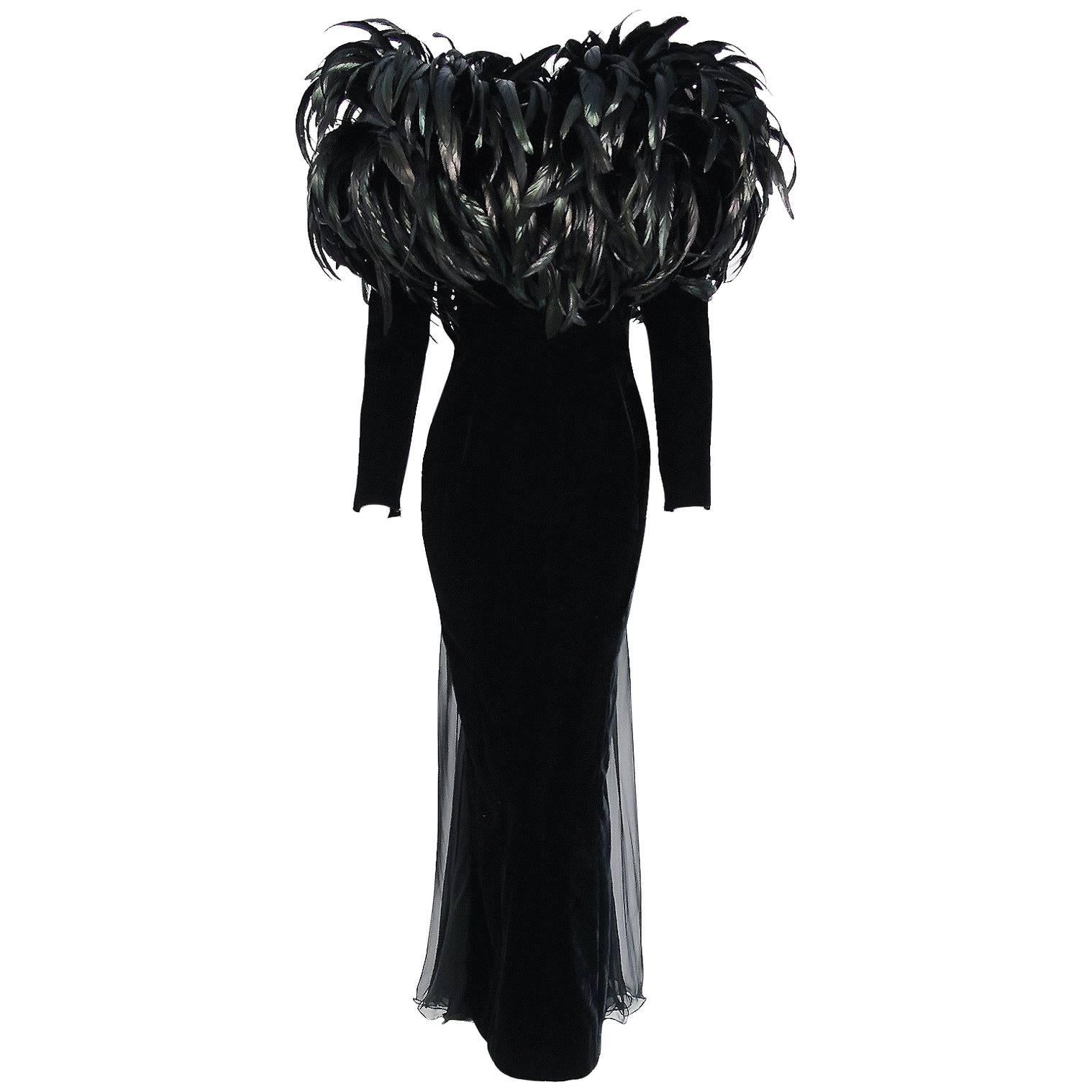 1990 Christian Dior Haute-Couture Black Velvet Feather Hourglass Fishtail Gown