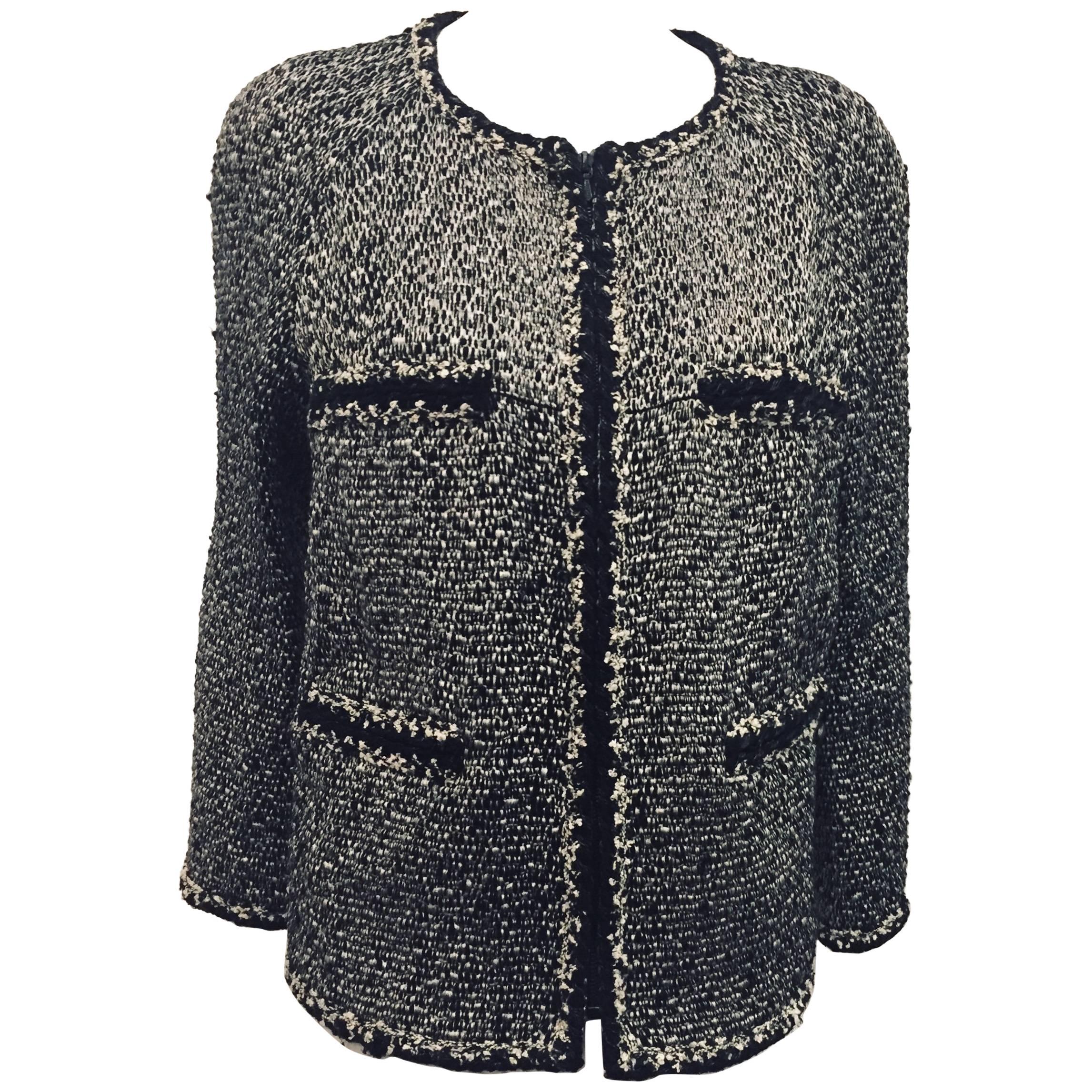 Chanel Black & White Wool Blend Slub Tweed Jacket Sz 48