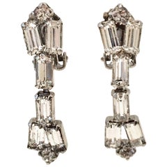 Vintage Silver Austrian Crystal Diamond Baguette Earrings