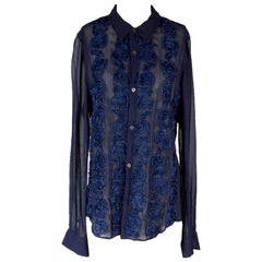 Comme Des Garcons Navy Blue Sheer Button Down with Rosettes