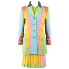 ESCADA Margaretha Ley c.1980's 3 Pc Patchwork Blazer Skirt Suit Set w/ Scarf NOS