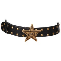 Gucci Star Buckle Sherriff's Black Leather Belt with GG and Studs, recent