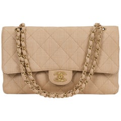 Chanel Beige Straw Classic Double Flap Bag