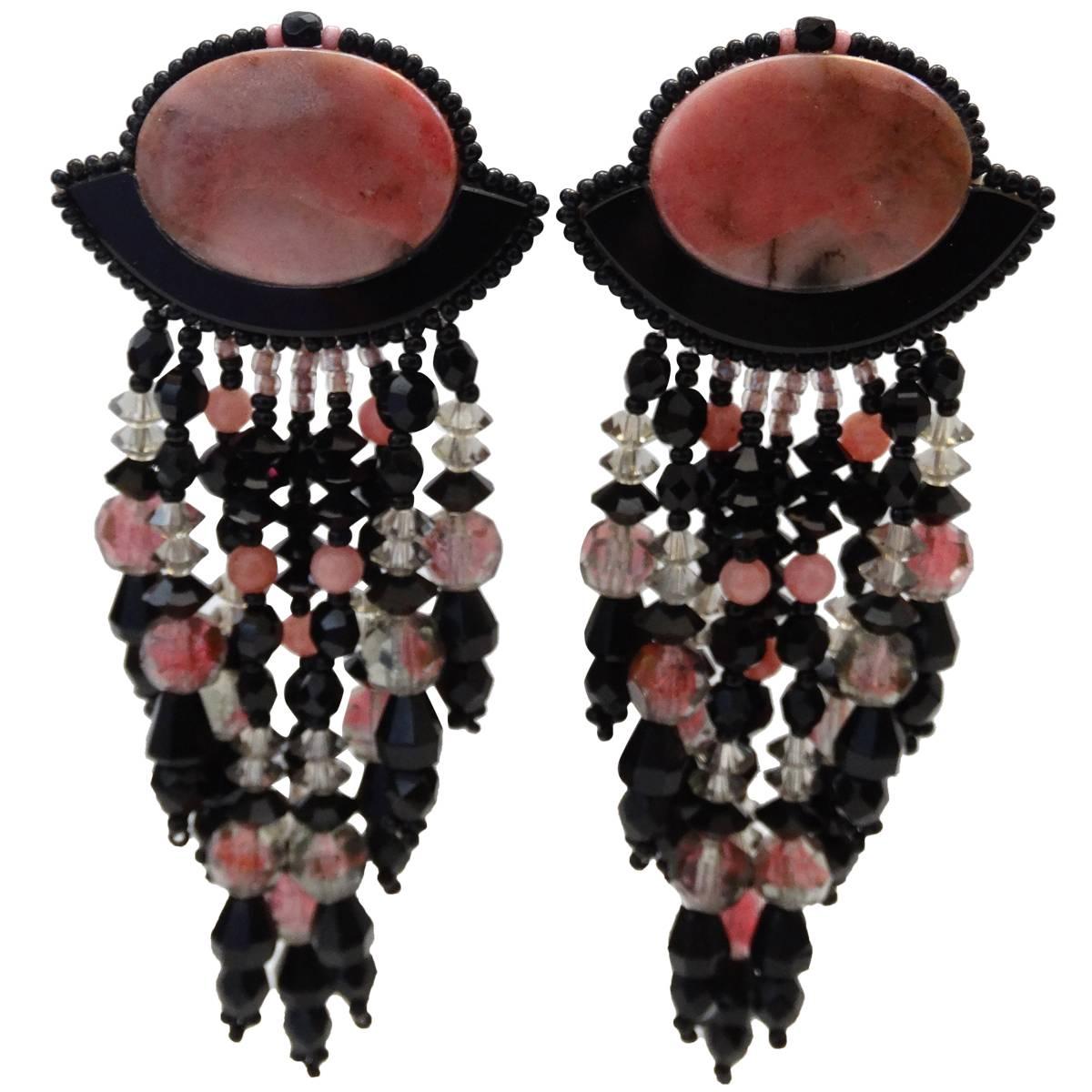 1980s Western Inspired Black & Pink Marble Dangle Earrings 