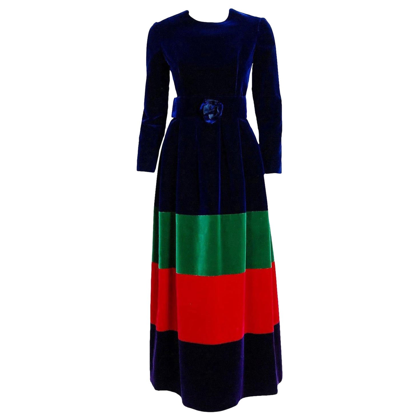 Vintage 1969 Nina Ricci Couture Documented Rainbow Block-Color Velvet Maxi Dress For Sale