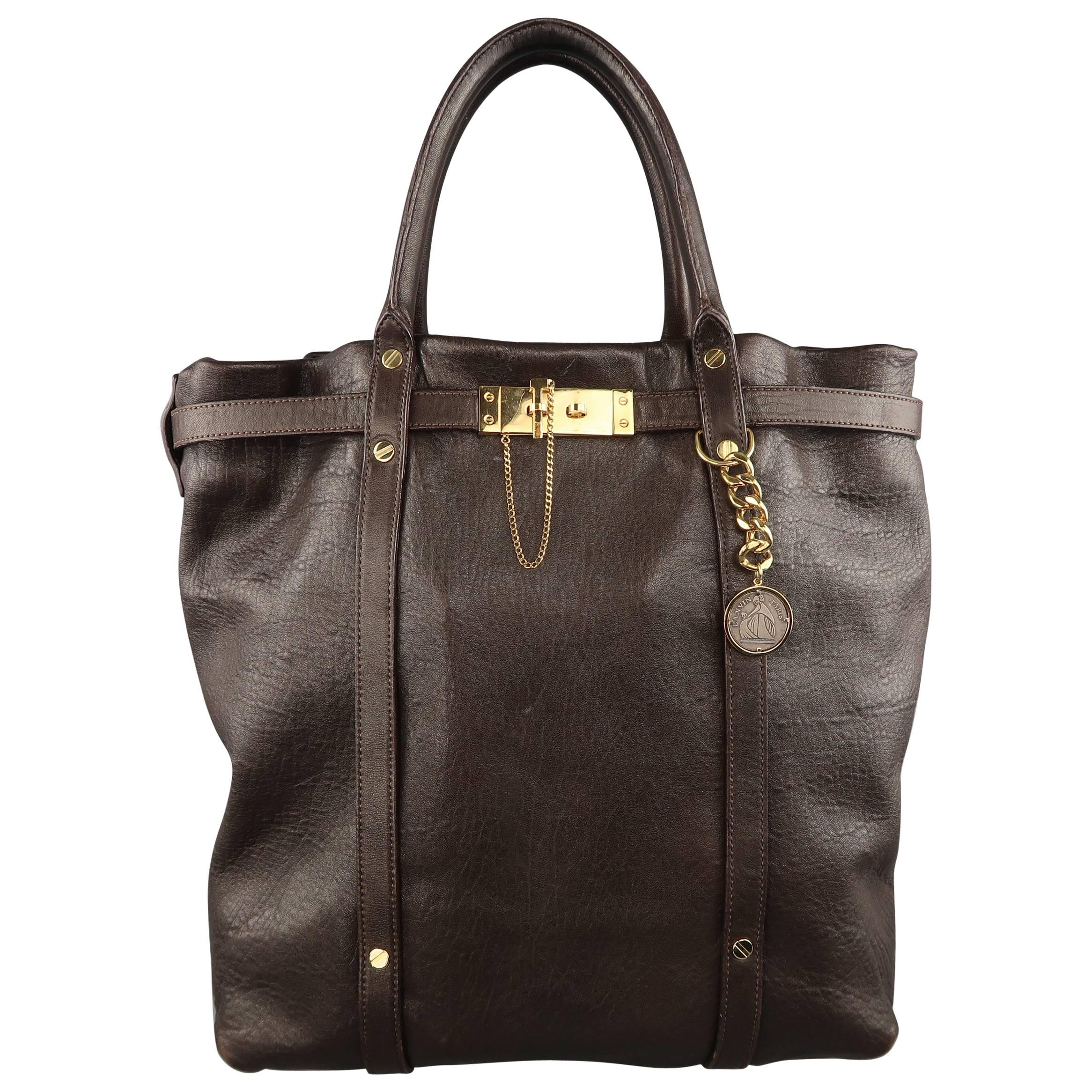 Lanvin Brown Leather Gold Lock Tote Handbag