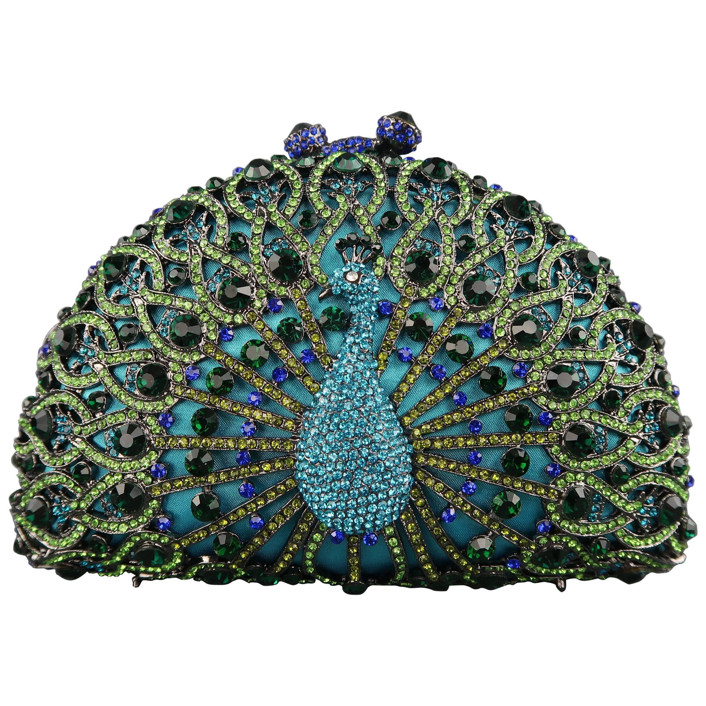LUXMOB Turquoise Rhinestone Peacock Evening Clutch Handbag