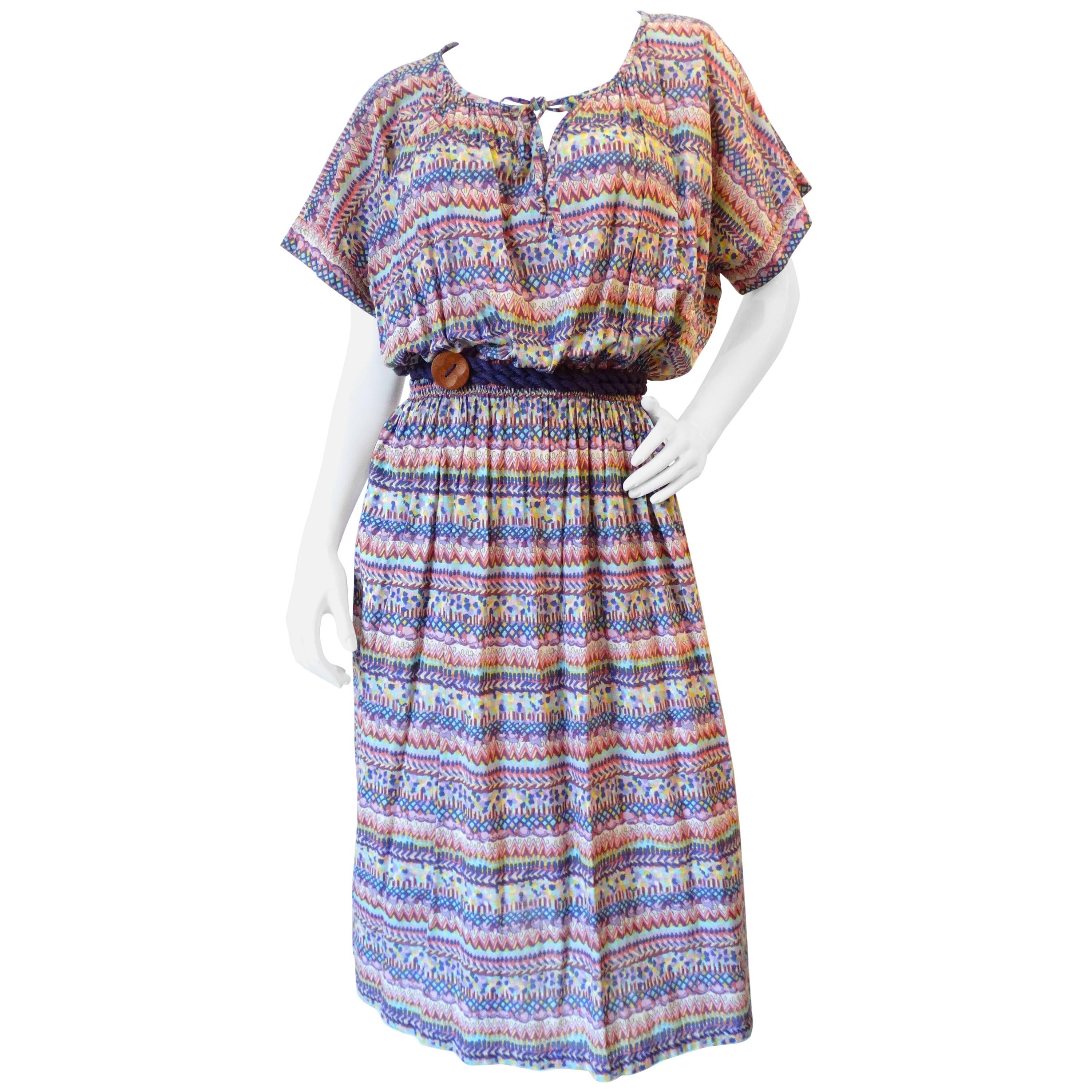 1970s Missoni for Bloomingdales Printed Belted Peasant Dress 