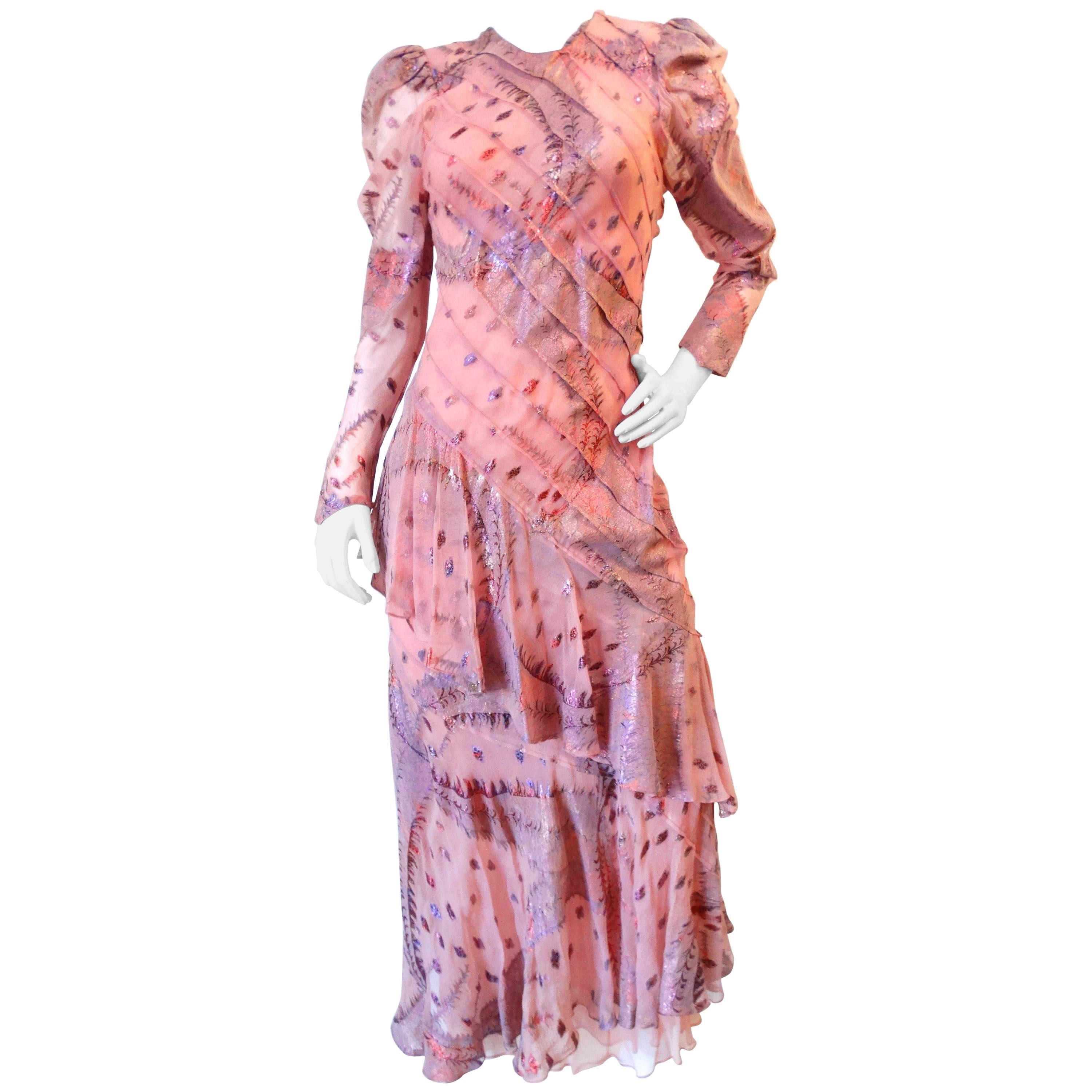 1980s Judy Hornby Couture Pink Puff Sleeve Dress