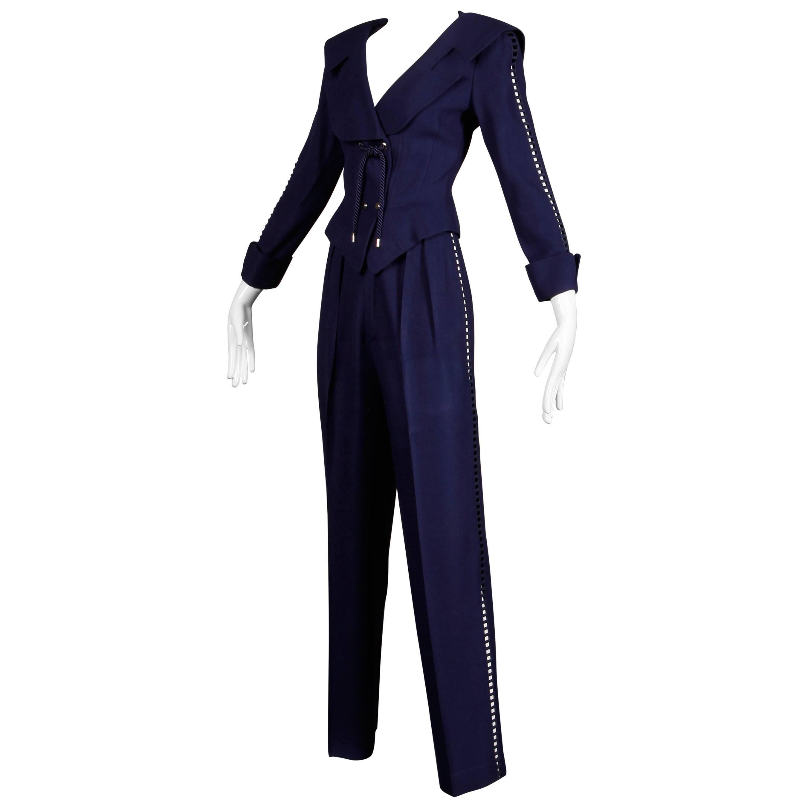 1980s Thierry Mugler Vintage Navy Blue Cut Out Jacket + Pants Suit Ensemble