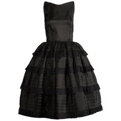 1950s Vintage Black Taffeta + Lace Tiered Ruffle Full Sweep Cocktail Dress