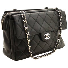 Chanel Caviar Silver Chain Shoulder Bag Black Quilted Leather Zip