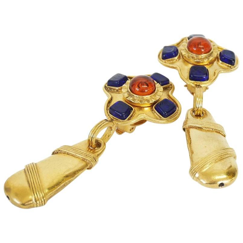 Chanel Vintage Gripoix Big Dangle Earrings Rare Extra Long For Sale