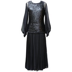 Yves Saint Laurent Haute Couture black sequined silk chiffon dress set, 1970s