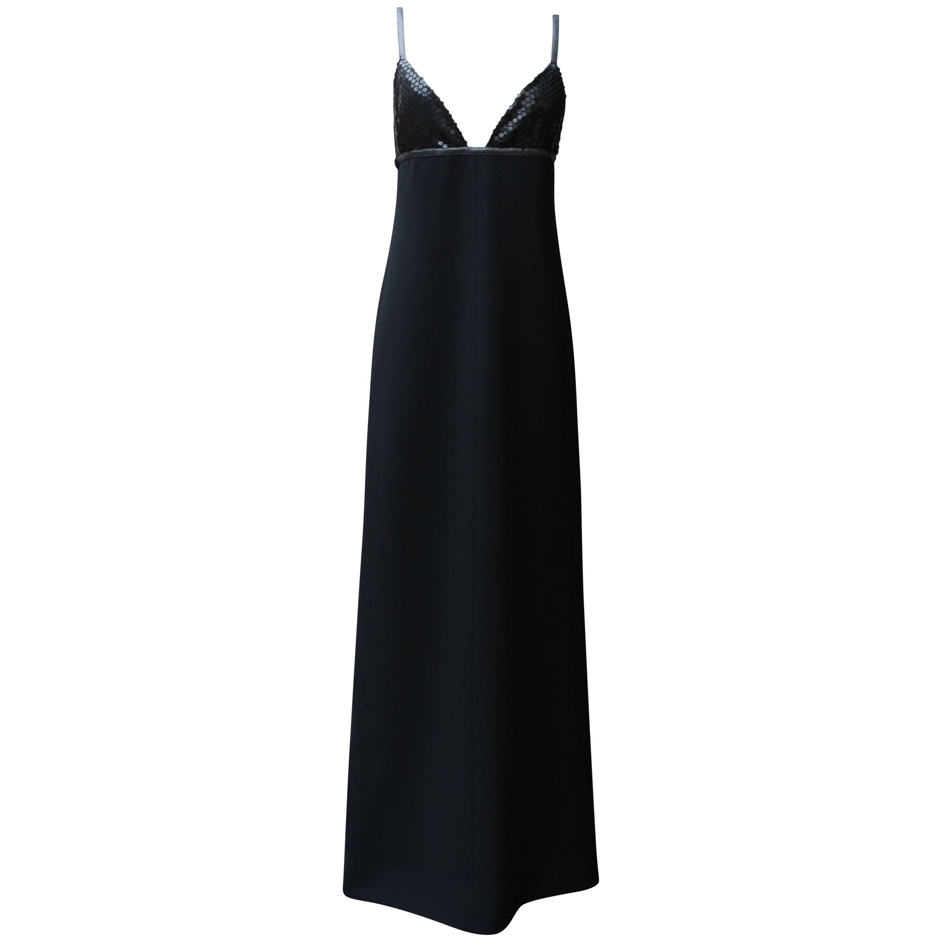 Courrèges long black sequined evening dress, 1970s  For Sale