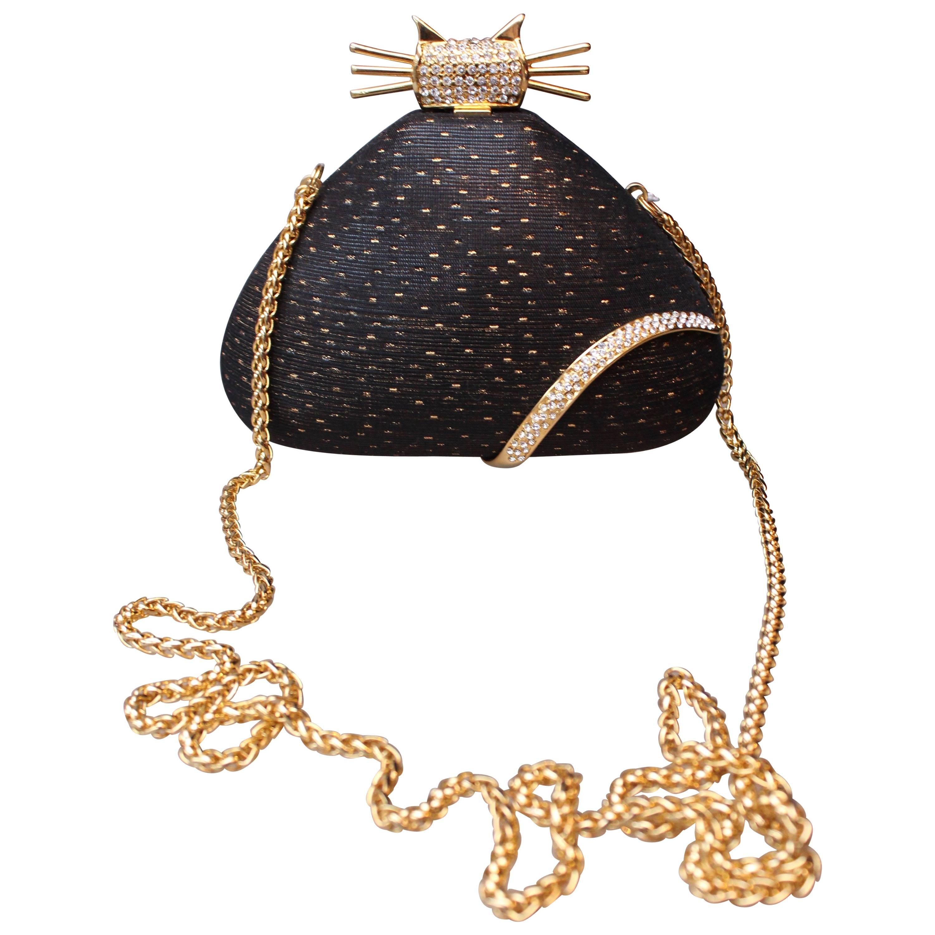 Rodo black and gold cat-shaped minaudière, 1980s  For Sale