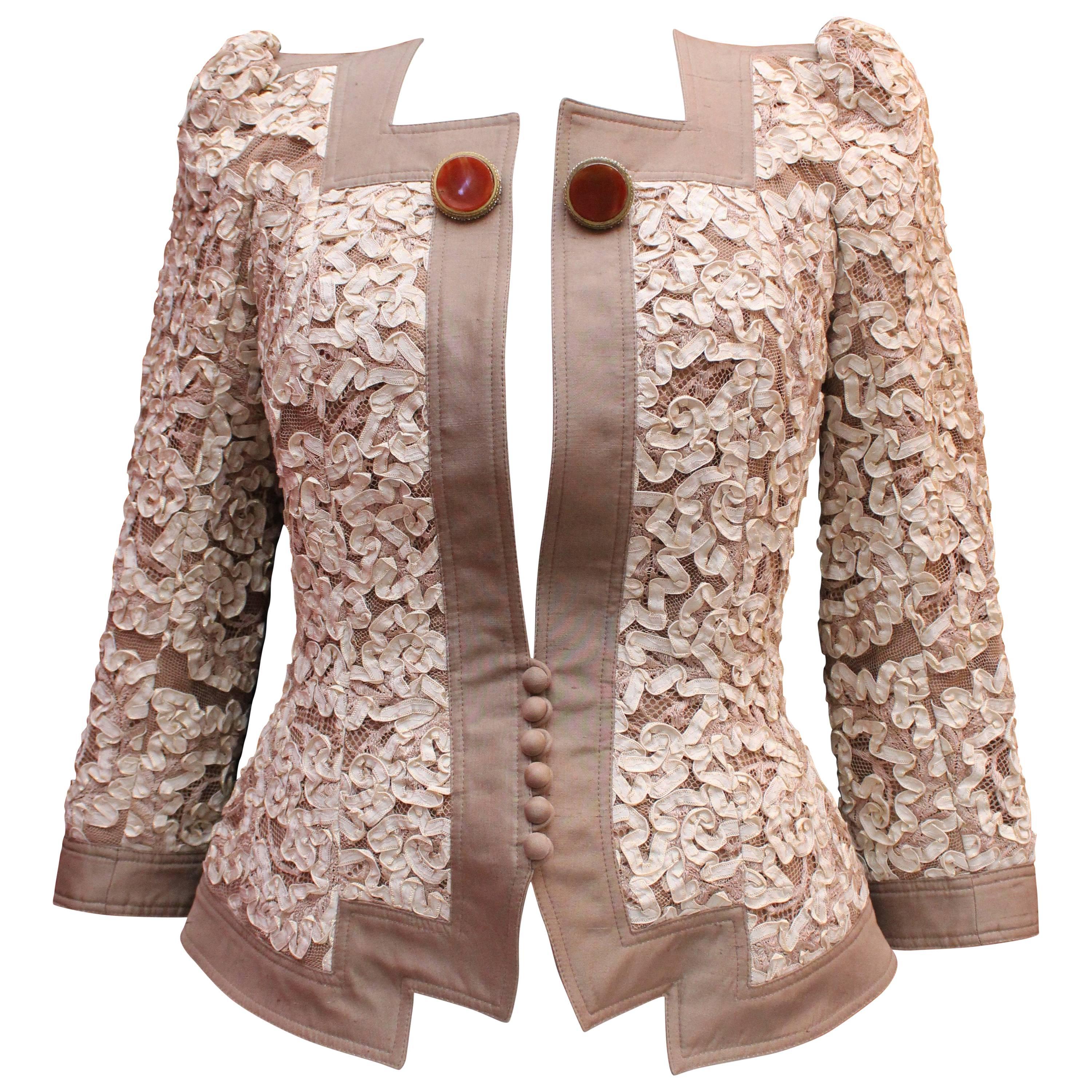 Christian Dior elegant taupe raw silk jacket with cream color ribbon embroidery For Sale