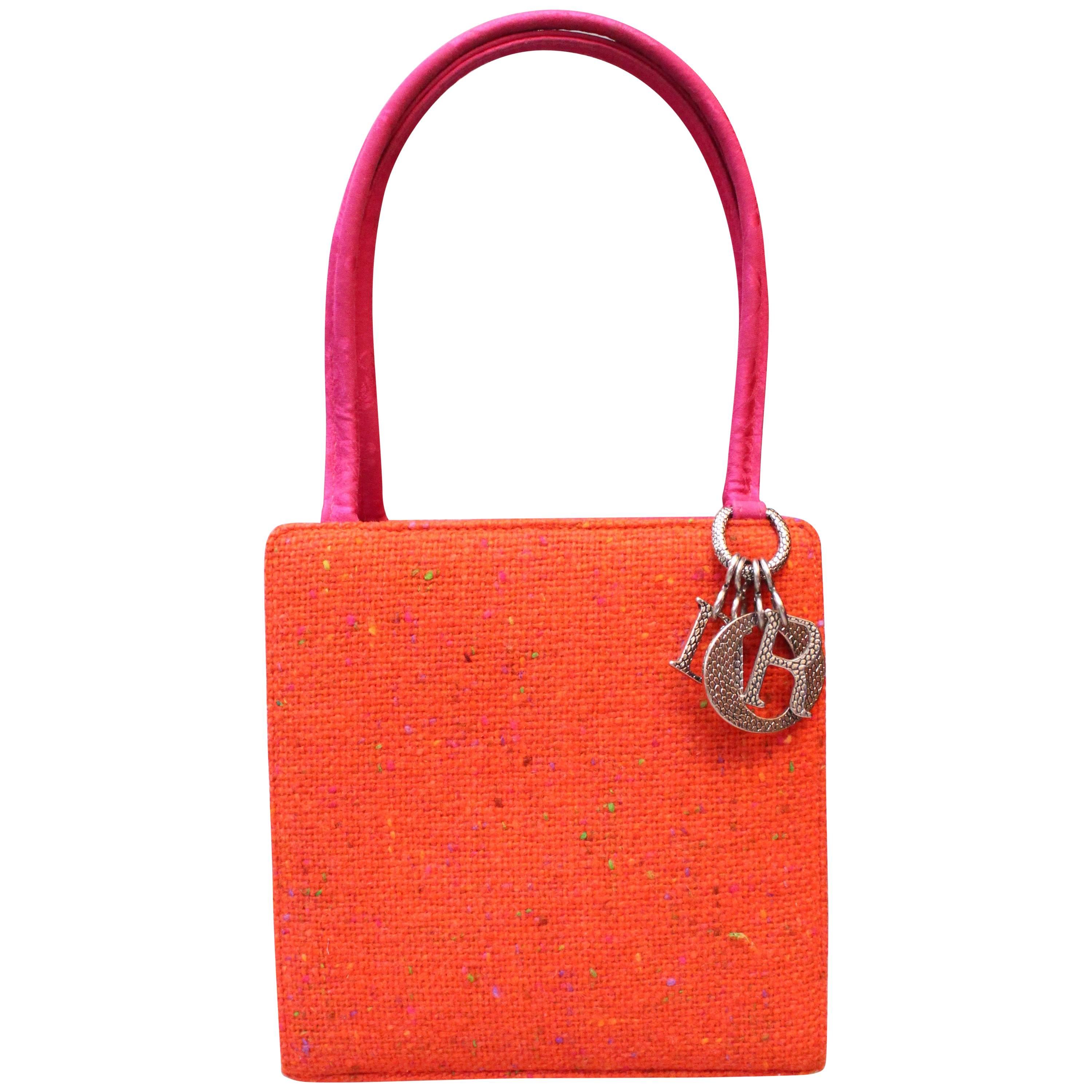 Christian Dior Small Lady Dior bag in orange wool and fuchsia satin