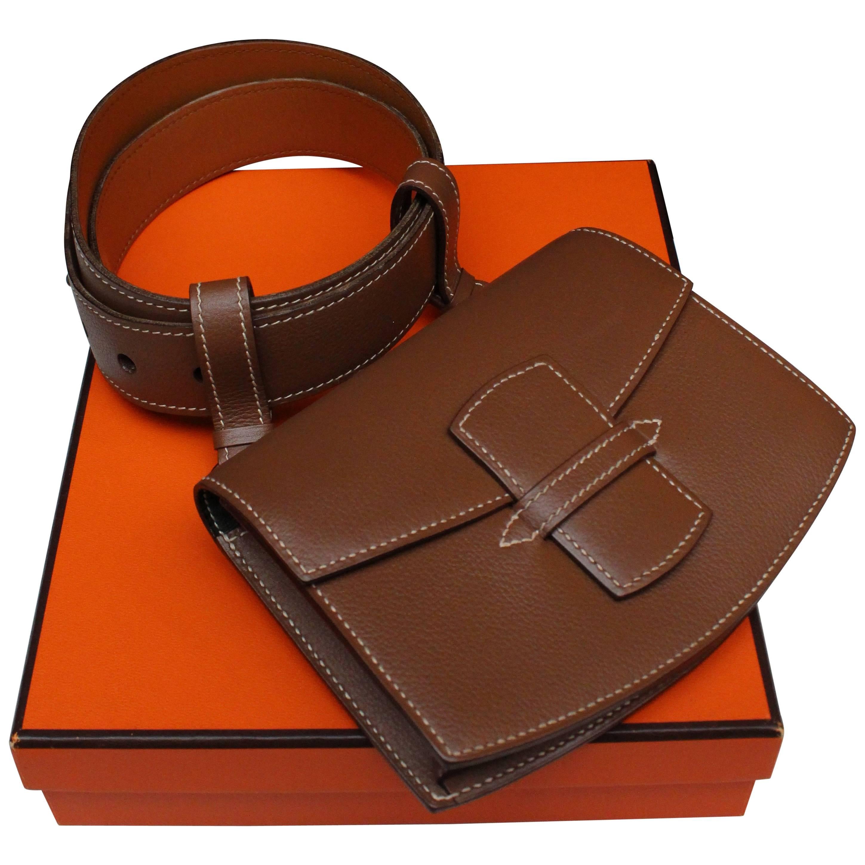 Hermès brown leather belt and clutch