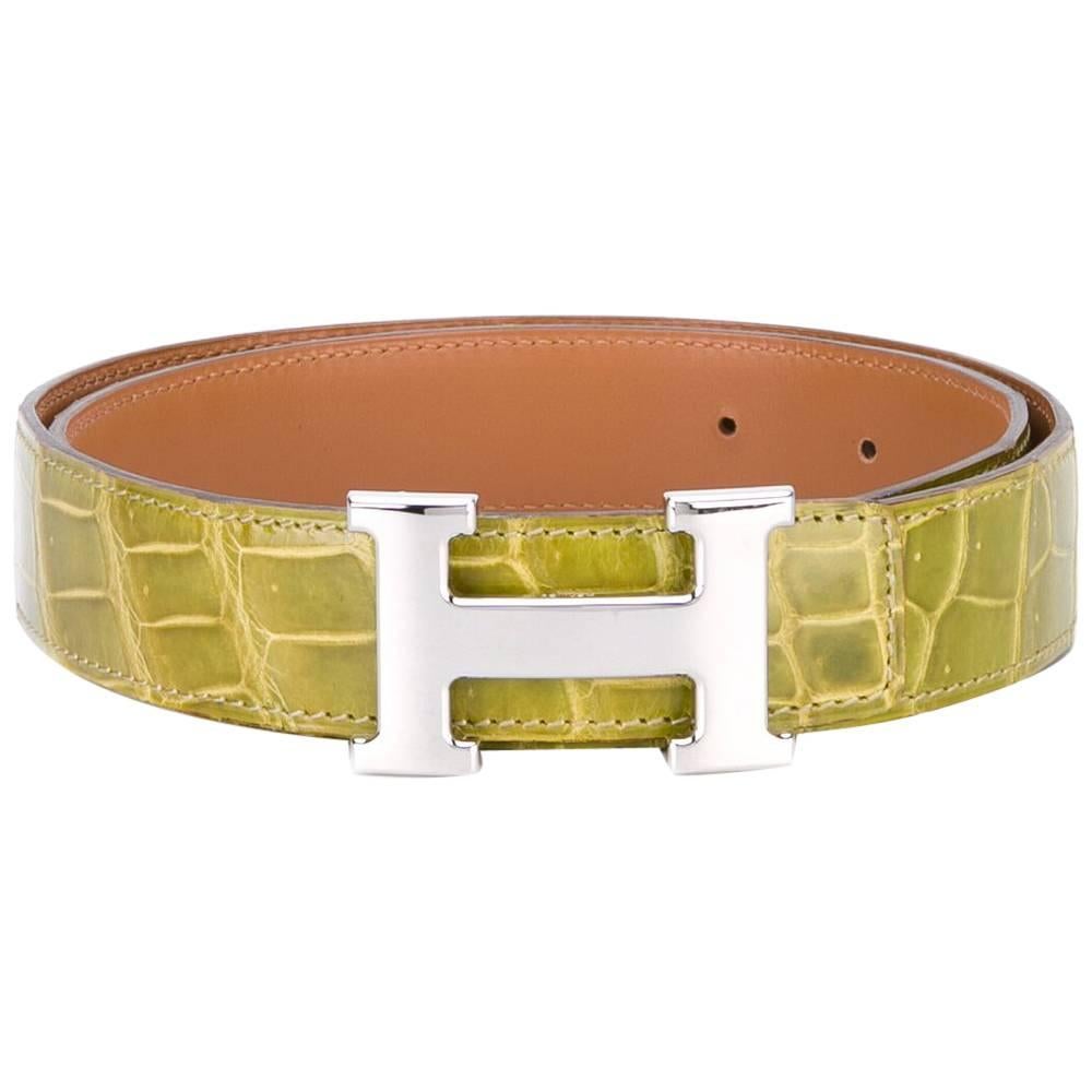 Hermes Green Crocodile Leather Vintage Belt, 2000s