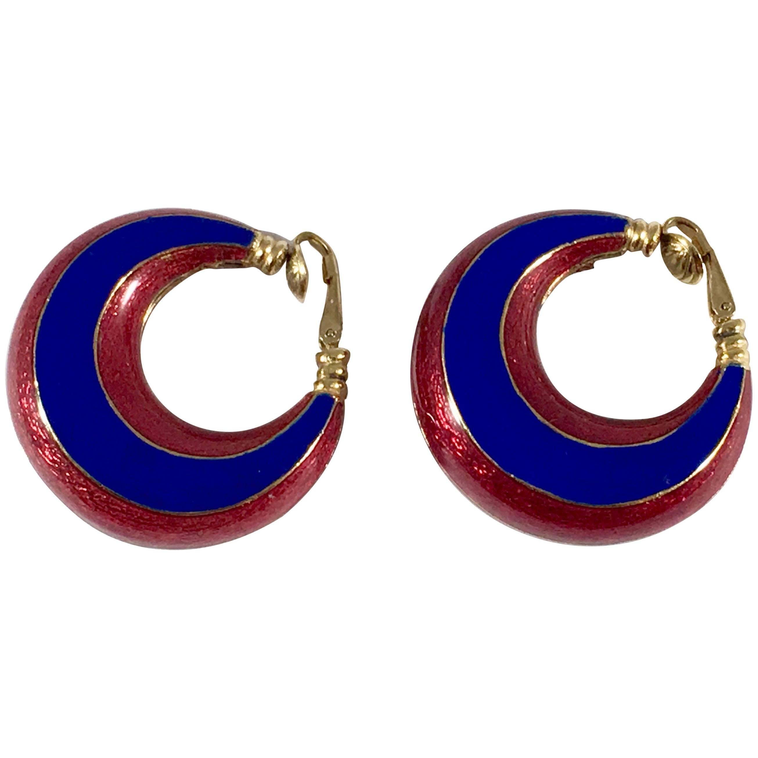 Ciner Enamel Hoop Earrings Red and Blue from the 1960s For Sale