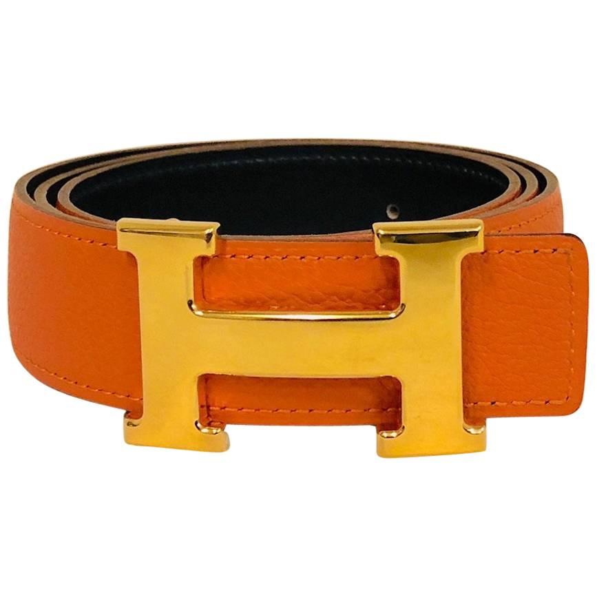 Hermes Reversible Constance H Belt Set Orange Togo and Black Chamonix For Sale