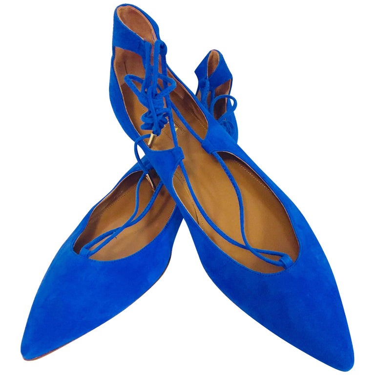 Aquazzura Electric Blue Belgravia Suede Flats w/ Gold Tone Heel at