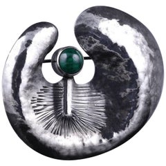 Large Modernist Abstract Sterling Silver Malachite Statement Brooch Pin