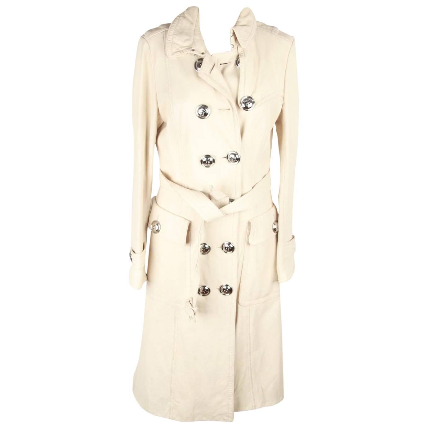 BURBERRY Ivory Leather TRENCH COAT Double Breasted w/ BELT Size 42 For ...