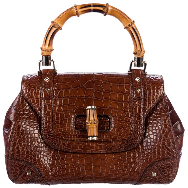 Gucci Cognac Brown Alligator Exotic Skin Leather Bamboo Evening Satchel