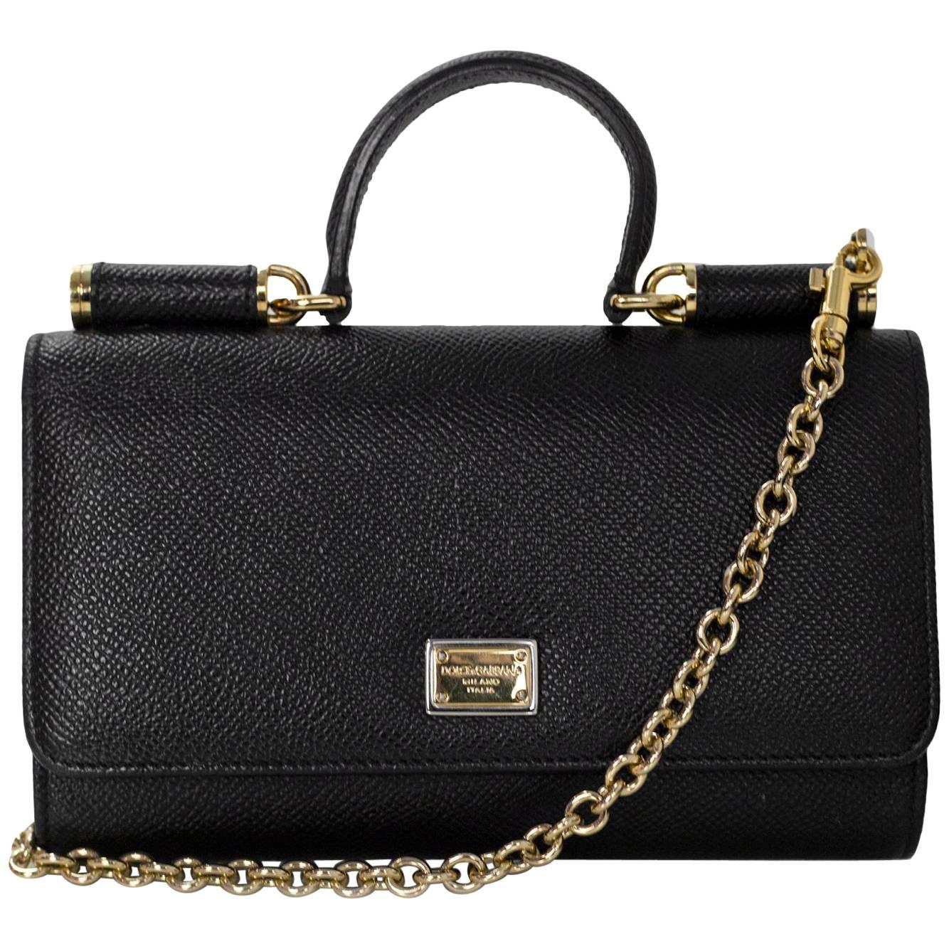 Dolce & Gabbana Black Dauphine Leather Sicily Mini Von Phone/Crossbody Bag 