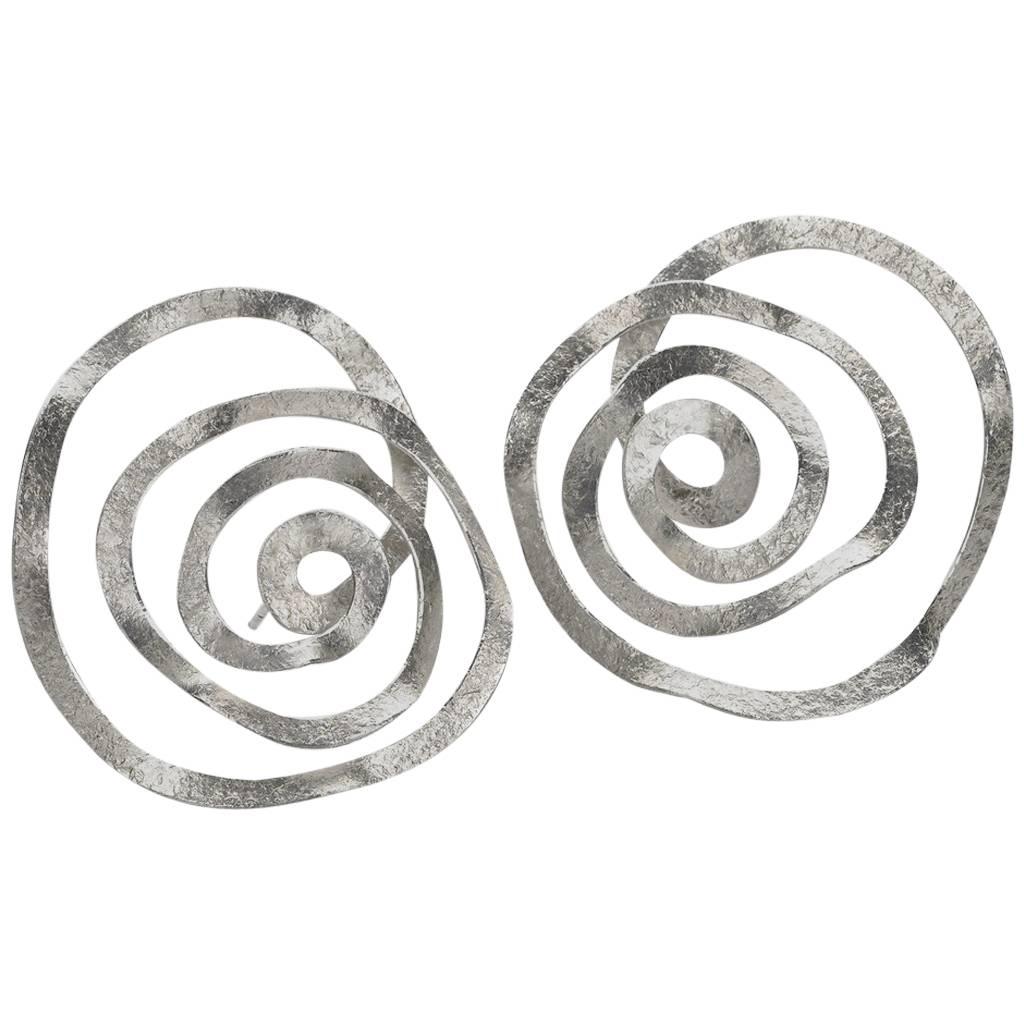 Reiko Ishiyama Bright Silver Spiral Swirl Stud Earrings