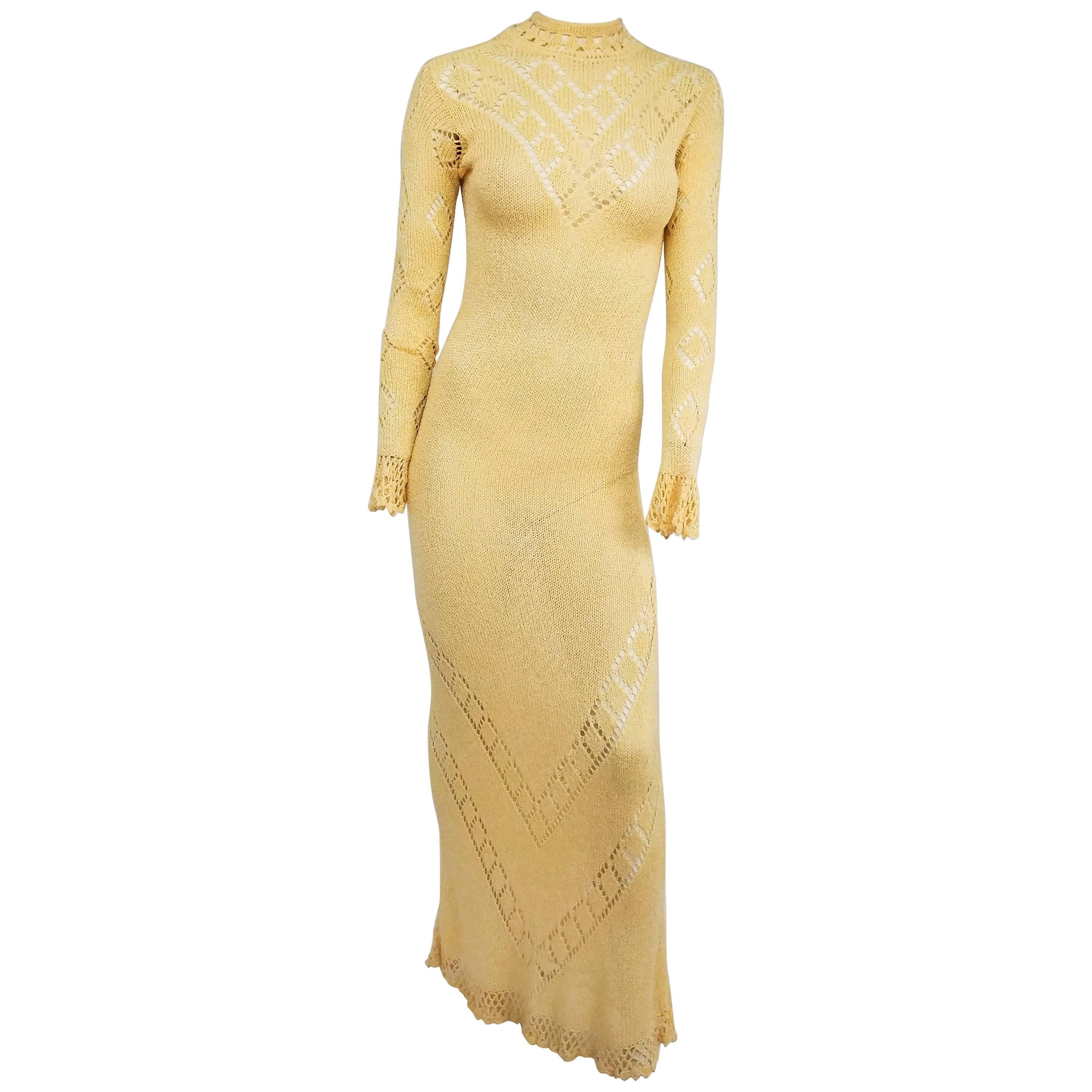 Buttercup Yellow Crochet Maxi Dress with Sexy Back Keyhole, 1970s 