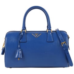 PRADA S/S 2012 Blue Saffiano Vernice Patent Leather Convertible Boston Bag Purse