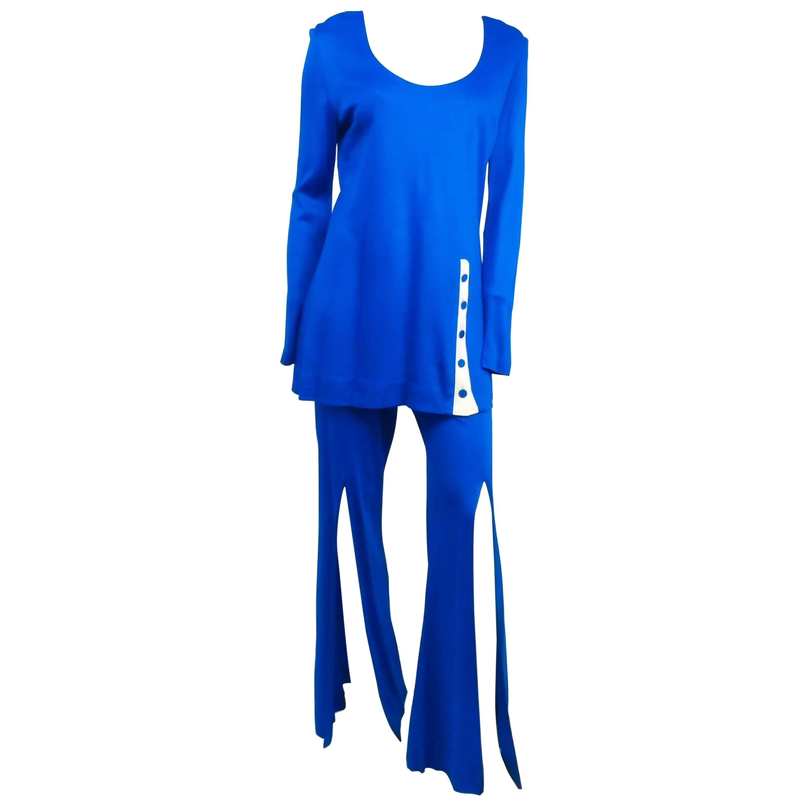Electric Blue Tunic Top & Flare Pants Disco Set, 1970s 