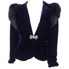 Victor Costa Fox Trim Blue Velvet Jacket, 1980s