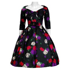 Vintage 1950's Suzy Perette Rose-Garden Floral Print Silk Bow Plunge Full Dress