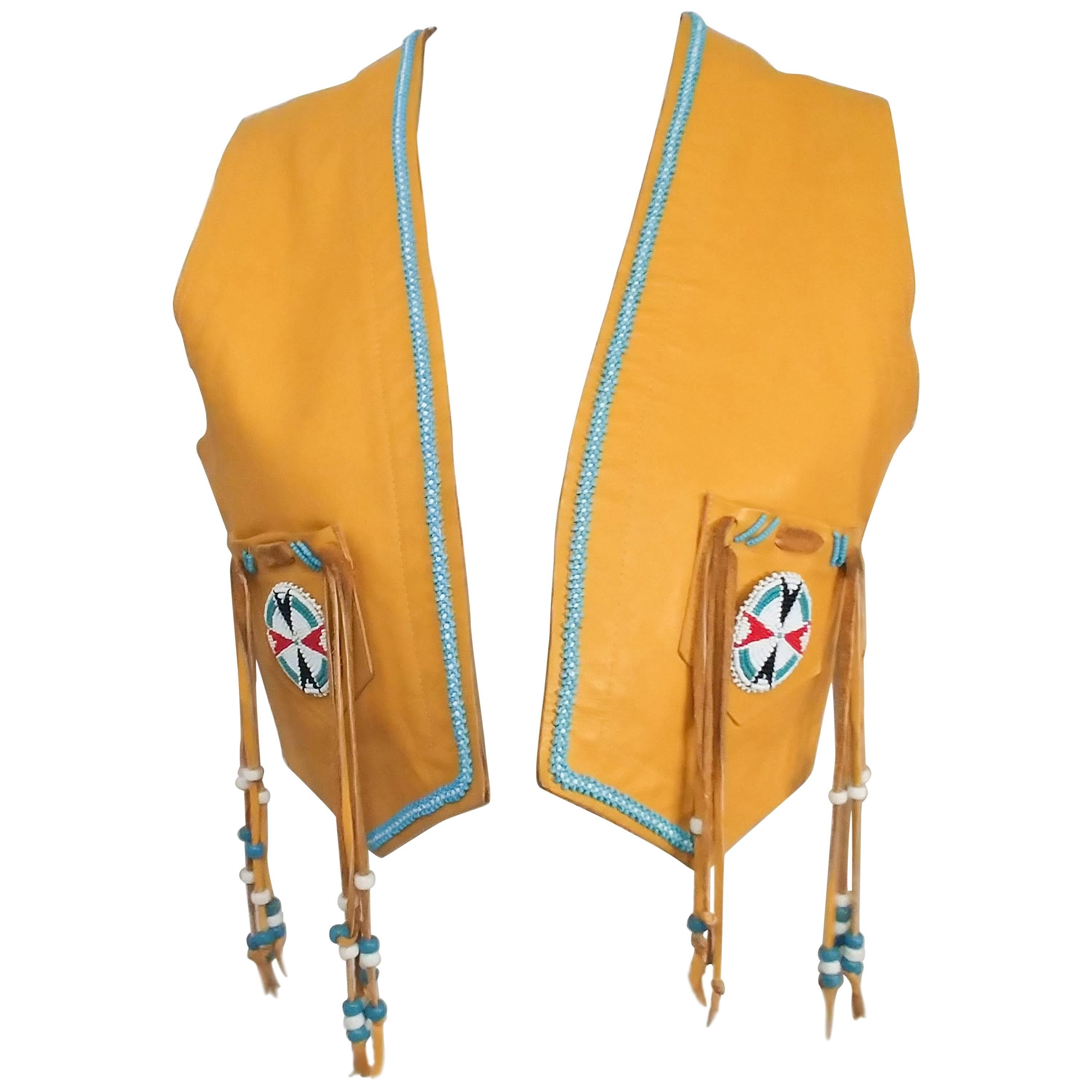 Handmade Hippie Leather Vest with Glass Beads, 1960s 