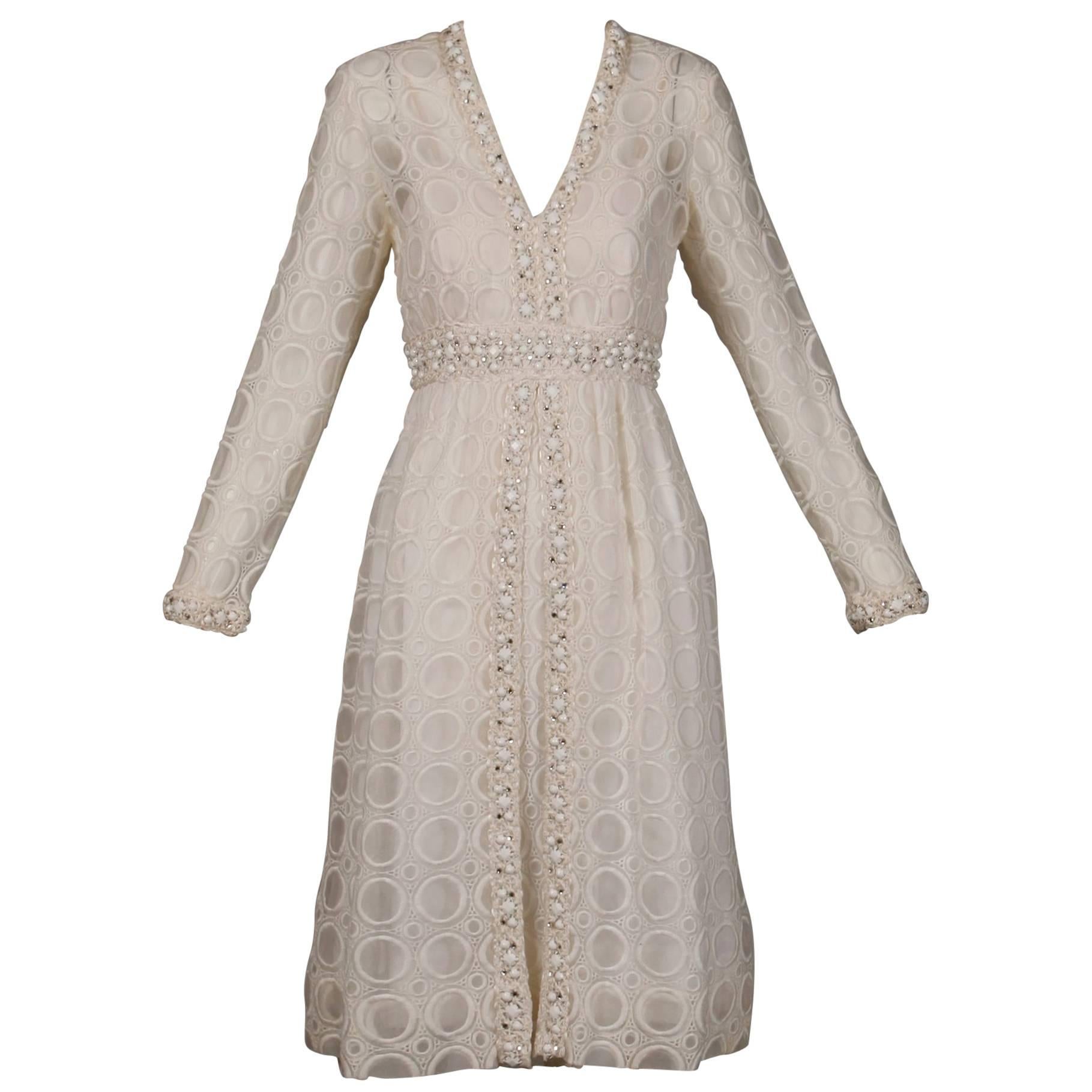 Off White Vintage Eyelet Lace Dress with Prong Set Rhinestones and Beads, 1960s