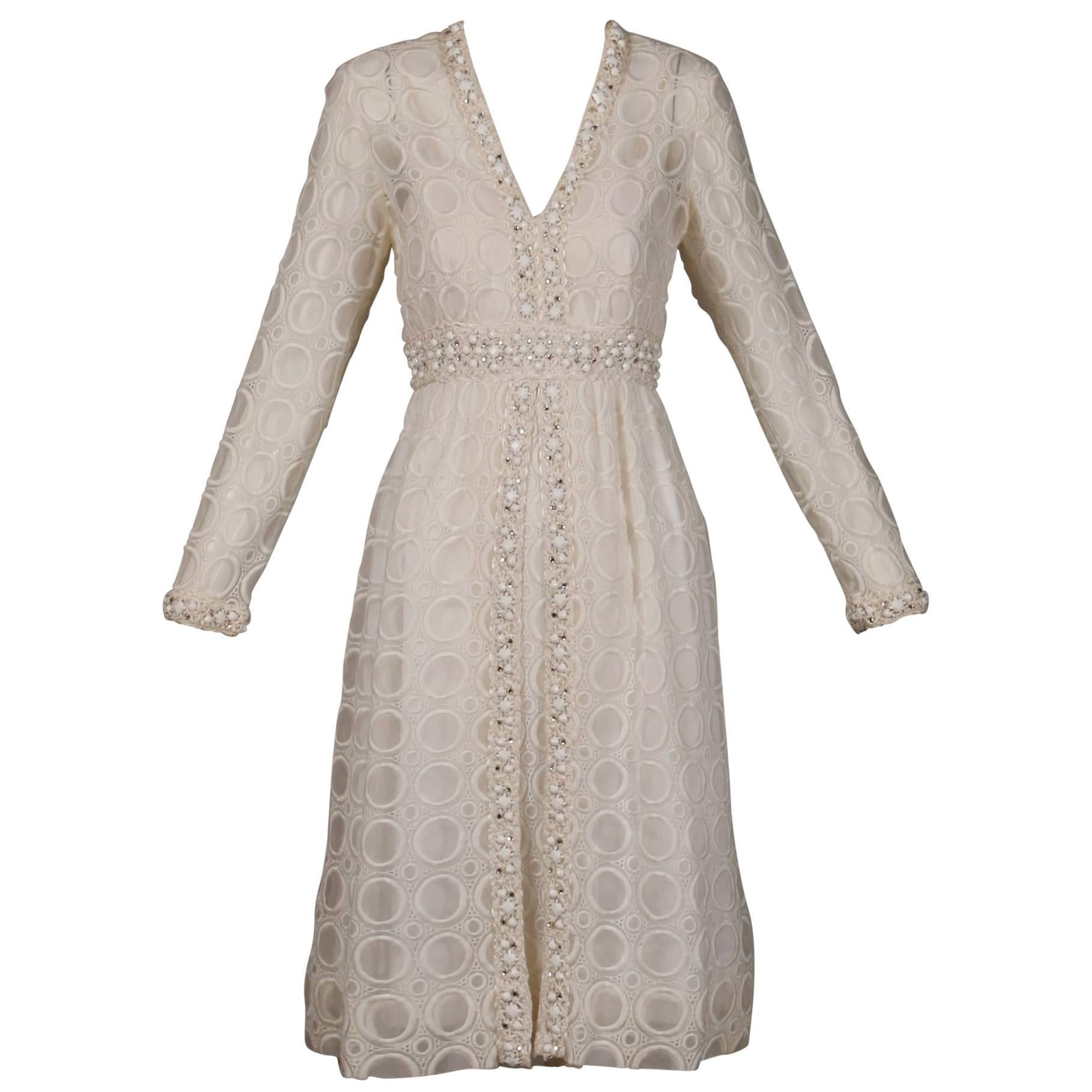 Off White Vintage Eyelet Lace Dress with Prong Set Rhinestones and Beads, 1960s 