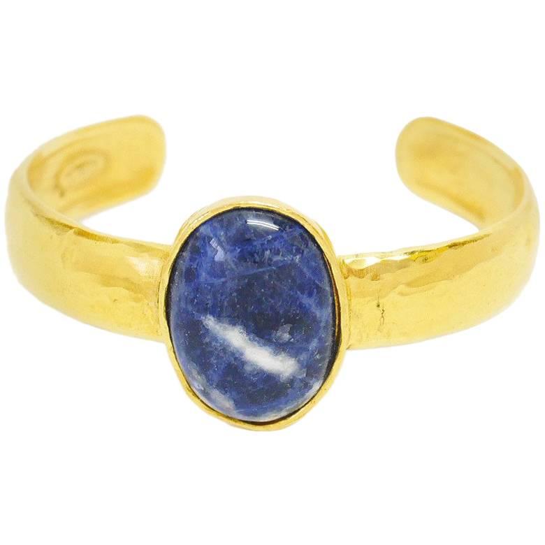 Chanel Vintage Blue Marble Stone Open Cuff Bangle Bracelet   For Sale