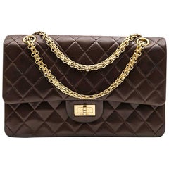 CHANEL Vintage Timeless Double Flap Bag in Brown Smooth Quilted Lamb Leather