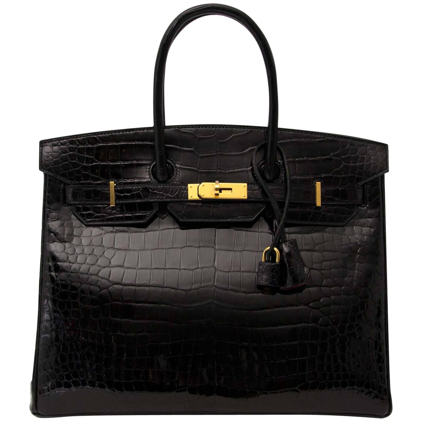 Hermès Birkin 35cm Crocodile Porosus Black GHW Interior Rouge H