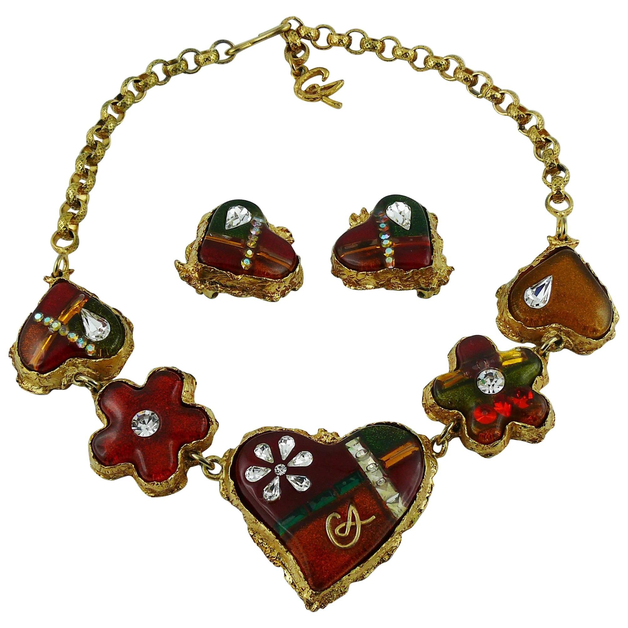 Christian Lacroix Vintage Multicolored Heart Necklace and Earrings Set