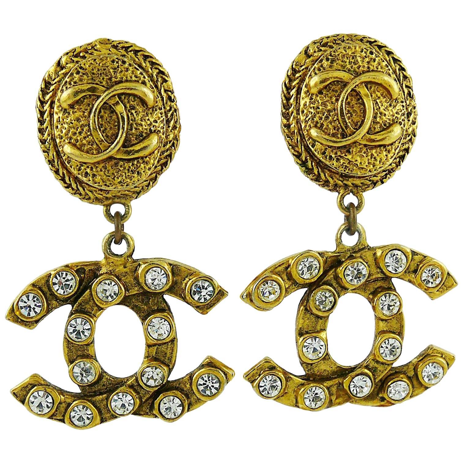 Chanel Vintage Gold Toned Jewelled CC Dangling Earrings