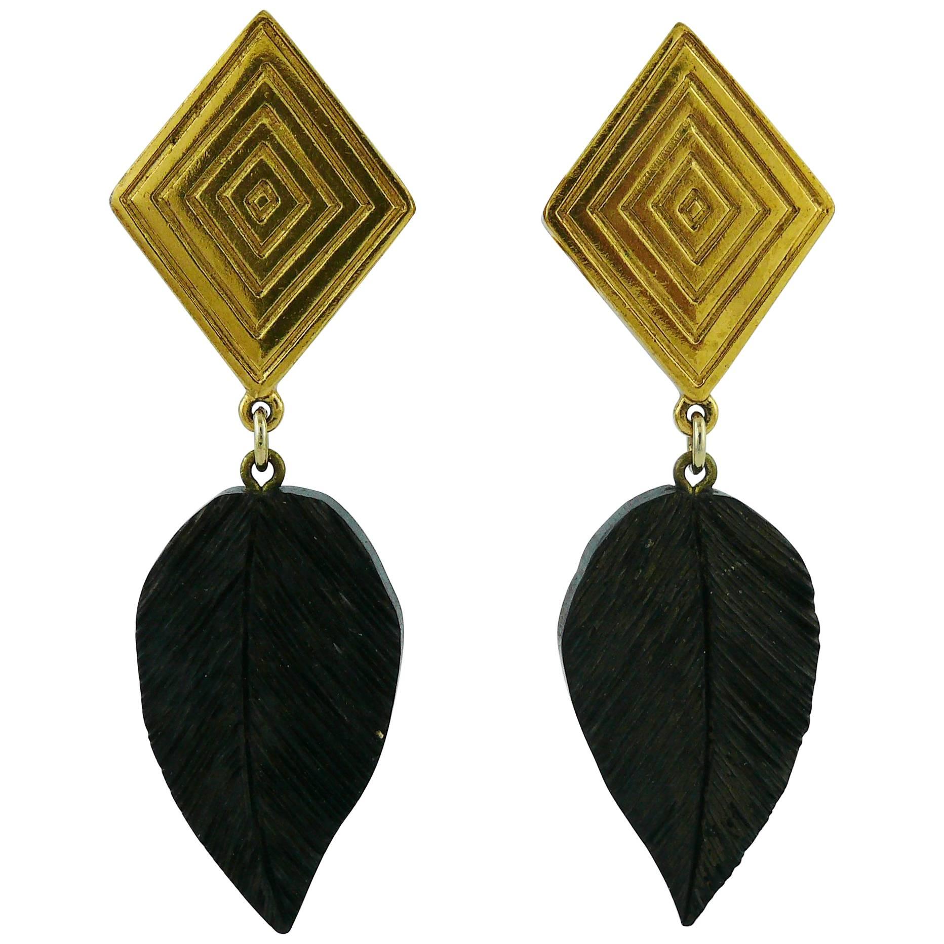 Yves Saint Laurent YSL Vintage Wood Leaf Dangling Earrings
